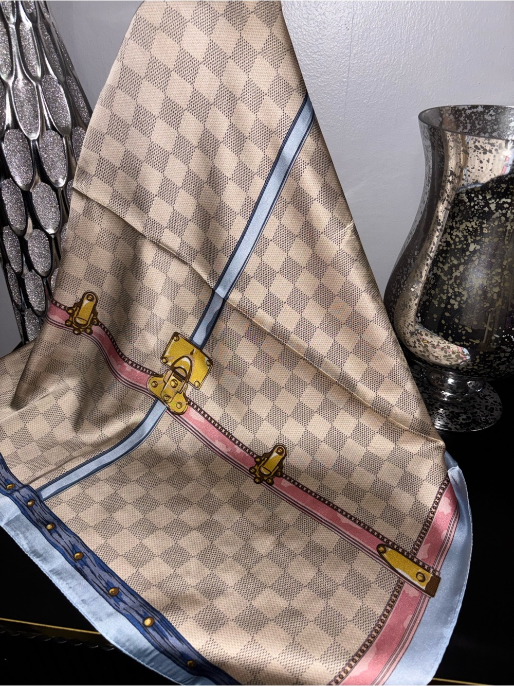 Scarf 🧕- Designer-Inspired Checkered Silk Light Blue and Cream